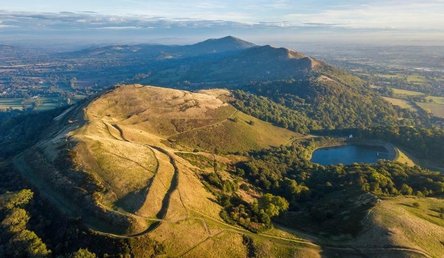 Drone image of the Malvern Hills on a sunny day