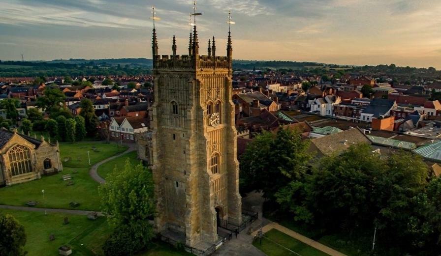 Drone shot of Bell Tower in Evesham