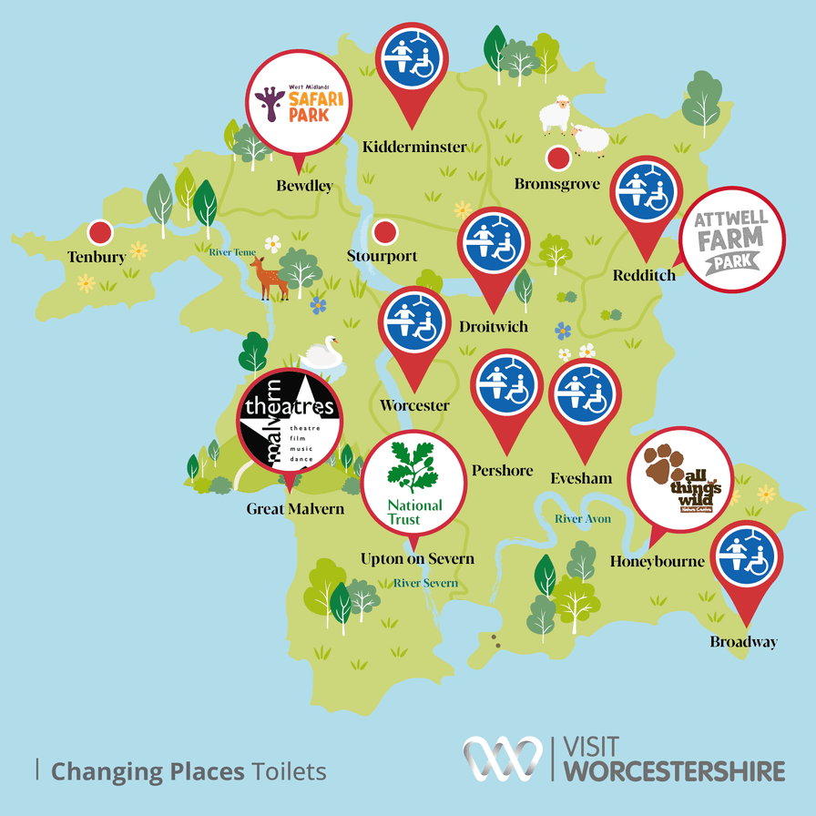 An illustrated county map of Changing Places locations in Worcestershire