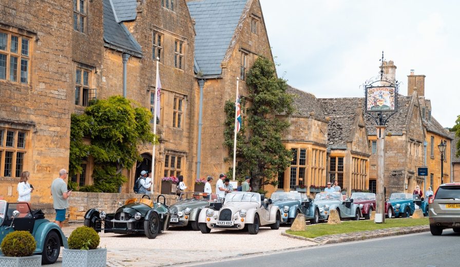 Morgan cars lined up outside of the Lygon Arms Hotel