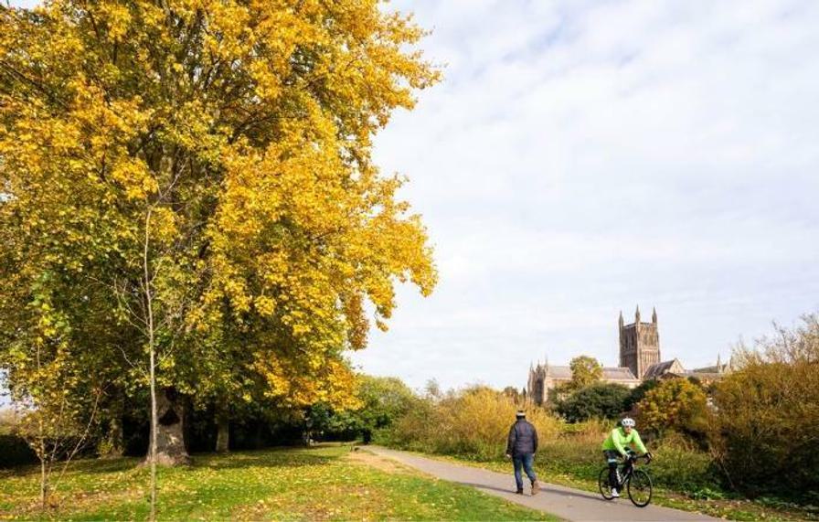 Photo of autumn in Worcester with cathedral in background