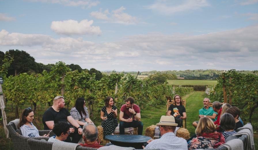 Photo of group enjoying wine tasting in vineyard