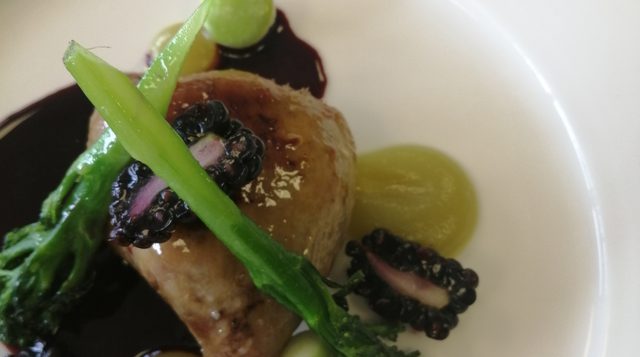 Confit of Duck dauphinoise potato apple puree stem broccoli blackberry and cassis sauce