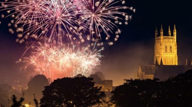 Photo of firework display in Worcester with Cathedral in the background
