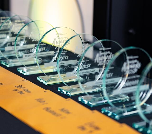 Awards on lined up on a table